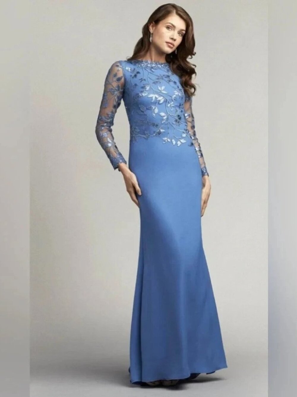 Tadashi Shoji Cadet Blue Sequin Lace Long Sleeve Crepe Gown